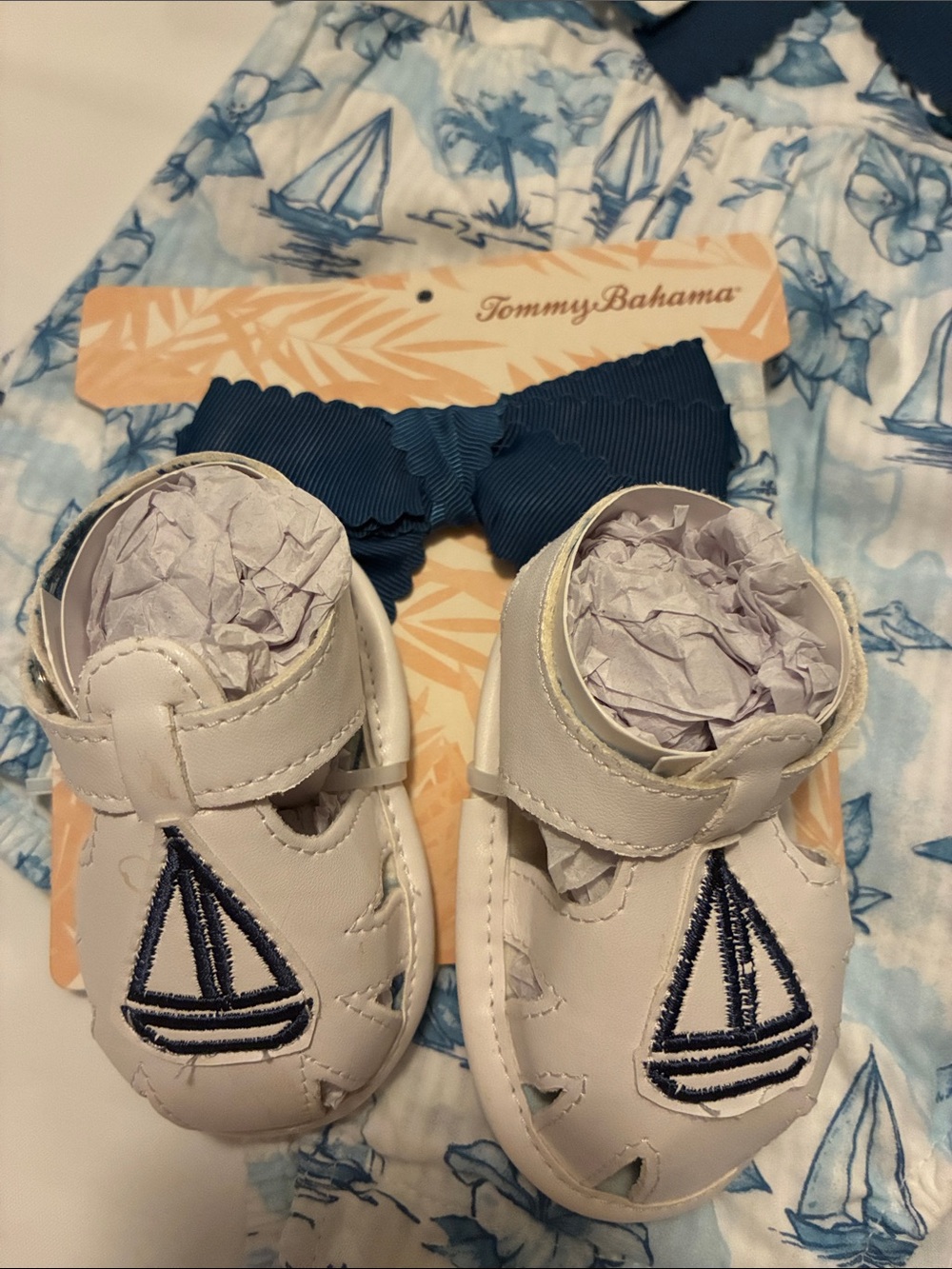 Tommy Bahama Blue & White Sailboat Print Infant One-Piece with Navy Bow - Picture 2 of 6